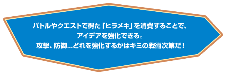 バトルやクエストで得た「ヒラメキ」を消費することで、アイデアを強化できる。攻撃、防御…どれを強化するかはキミの戦術次第だ！