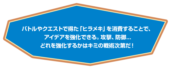 バトルやクエストで得た「ヒラメキ」を消費することで、アイデアを強化できる。攻撃、防御…どれを強化するかはキミの戦術次第だ！